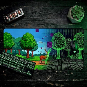 グリッチフォレストピクセルアートデスクマット、コーディング美的マウスパッド、マトリックススタイル、ワイヤーフレーム自然、プログラマーギフト、抽象データアート、シュールXLパッド