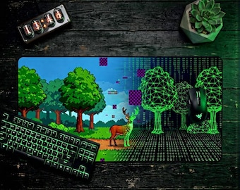 Alfombrilla de escritorio con diseño de pixel art de Glitch Forest, con estética de codificación, estilo matricial, naturaleza de estructura alámbrica, regalo para programadores, arte abstracto de datos, almohadilla surrealista XL