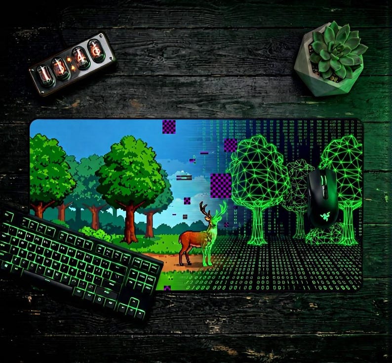 Programmer Forest Glitch Forest Pixel Art Desk Mat, Coding Aesthetic Mousepad, Matrix ...