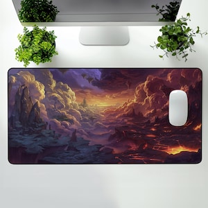 Fantasy Landscape Desk Mat, Floating Island and Lava Art, Ultra Wide Mouse Pad