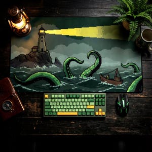Eldritch Leuchtturm Pixel Art Schreibtischmatte, Kraken Mousepad