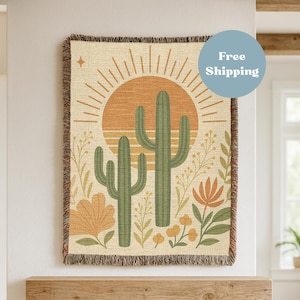 Cactus Woven Cotton Blanket – Desert Sunset Boho Throw, Southwestern Botanical Bed Sofa Decor, Cozy Nature Inspired Gift