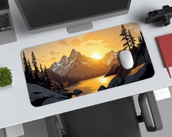 Sunset Lake Desk Mat – Scenic Mountain Illustration, Large Mousepad