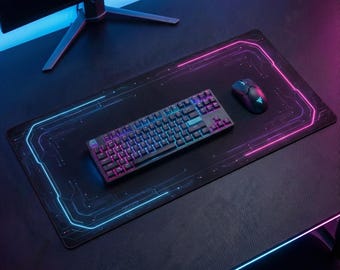 Neon Circuit Border Desk Mat, Clean Center Keyboard Desk Pad, Cyberpunk Gaming Mouse Pad for RGB Setups