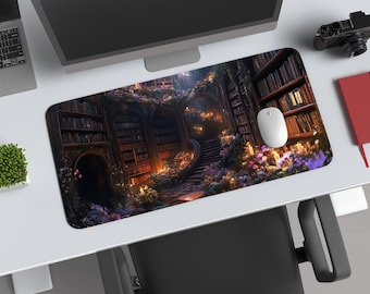 May include: A rectangular mousepad featuring a fantasy library scene with bookshelves, a staircase, and candles. The design includes a white computer mouse. The mousepad is on a white desk with a laptop, camera, and red notebook.