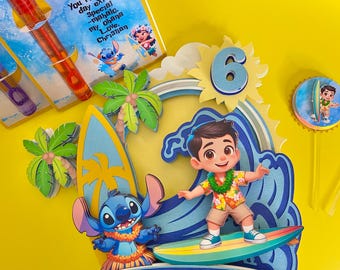 Lilo and Stitch Surf Party Cake Topper and Cupcake Toppers 3D Hawaiian Beach Birthday Decor Stitch Boy Party Decor Stitch Themed Birthday
