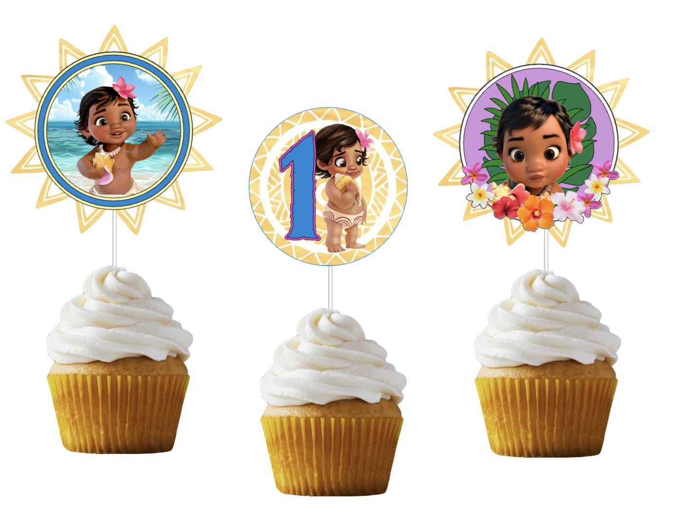 Baby Moana Cupcake Toppers | 2D or 3D Personalized Baby Moana Party Decor | Ocean Theme Cupcake Picks | Girl Birthday Party Supplies