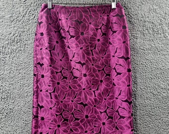 Vintage Blooms Pencil Skirt Size 10 Pink Black Floral Satin Knee Length