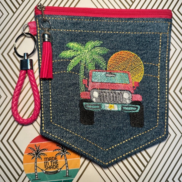 Pink Jeep Retro Beach Denim Jeans Pocket Pouch