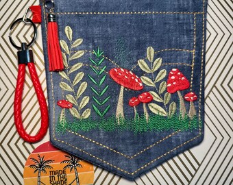 Retro Pilze & Wildblumen 60er 70er Jahre Denim Jeans Tasche Beuteltasche