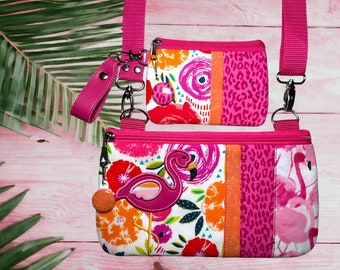 Flamingo Umhängetasche und Kartenetui, PASSENDES SET Reißverschlusstaschen, komplett gefüttert und fachmännisch appliziert