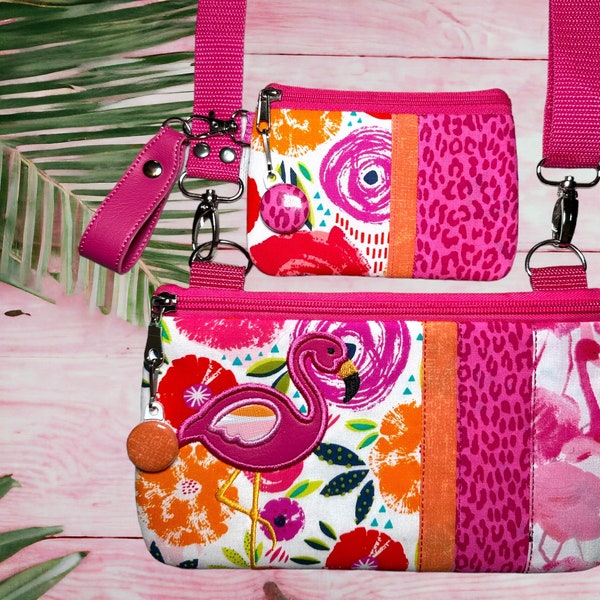 ENSEMBLE ASSORTI Sac à main bandoulière et porte-cartes Flamingo Pochettes à fermeture éclair Entièrement doublé et appliqué par des experts