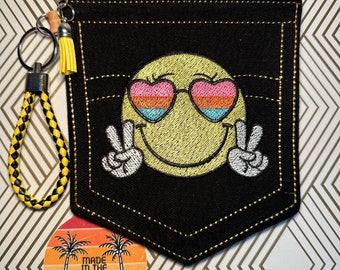 Pochette de poche pour jean en denim avec visage souriant rétro groovy