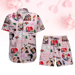 May include: A pink and white button-up shirt and matching shorts with a  "I Love Lucy" theme. The shirt and shorts feature images of Lucy Ricardo and other characters from the show, along with the text "I Love Lucy" and "I'm in love with Lucy".