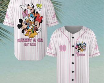Gepersonaliseerde Mickey & Co Est. 1928 honkbaltrui, Disney cartoon zomerjersey, Disney honkbalshirt familie-uitje voor kinderen