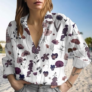 Purple Wildflower Blouse Shirt, Cottagecore Floral Linen Look Button Shirt, Soft Boho Summer Gift, Casual Shirt For Women