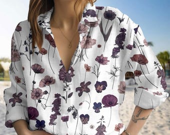 Paars blouseshirt met wilde bloemen, cottagecore linnenlook overhemd met bloemenprint, zacht boho-zomercadeau, casual shirt voor dames