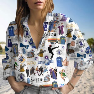 Maglietta con camicetta Doctor Who, maglietta casual Police Box, maglietta Police Box del Tardis, maglietta Starry Night di Doctor Who, camicette da donna della serie TV per la mamma