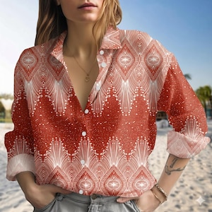 Western Geometric Print Shirt, Terracotta Boho Button Down Blouse, Tribal Pattern Linen Top, Desert Chic Beach Outfit, Cowgirl Summer W