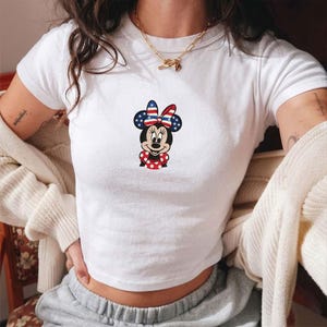 Patriotic Disney Minnie Embroidered Baby Tee, Usa Flag Minnie Mouse Embroidered Shirt, American 4th of July Crop Top, Semiquincentennia