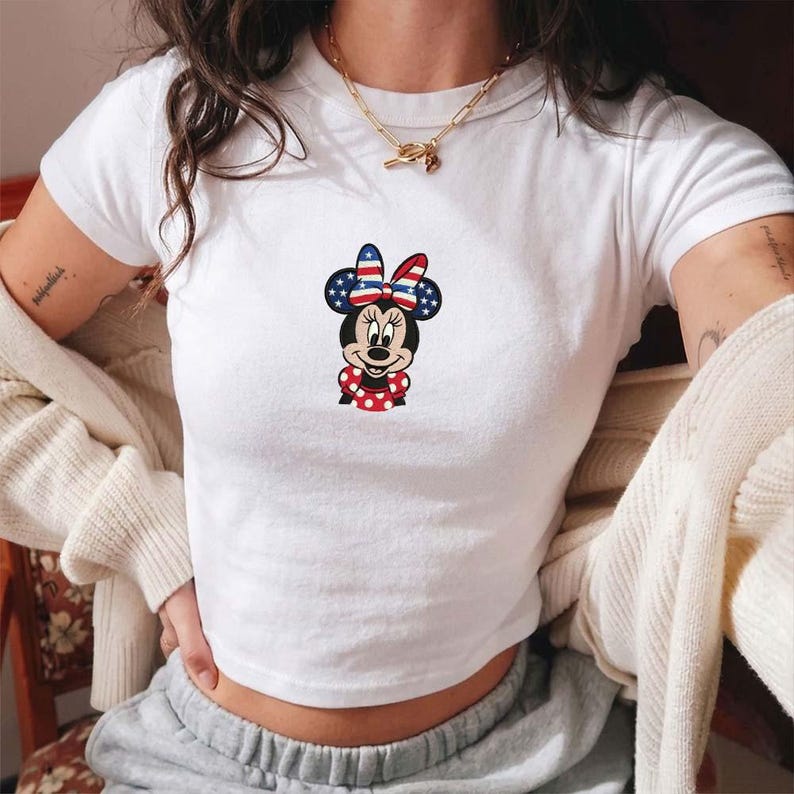 Patriotic Disney Minnie Embroidered Baby Tee, Usa Flag Minnie Mouse Embroidered Shirt, American 4th of July Crop Top, Semiquincentennia