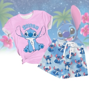 Disney Stitch T-shirt Short Set, Summer Disney Cartoon T-shirt, Lilo And Stitch Tropical Pajamas Short, Magic Kingdom Gift For Kids