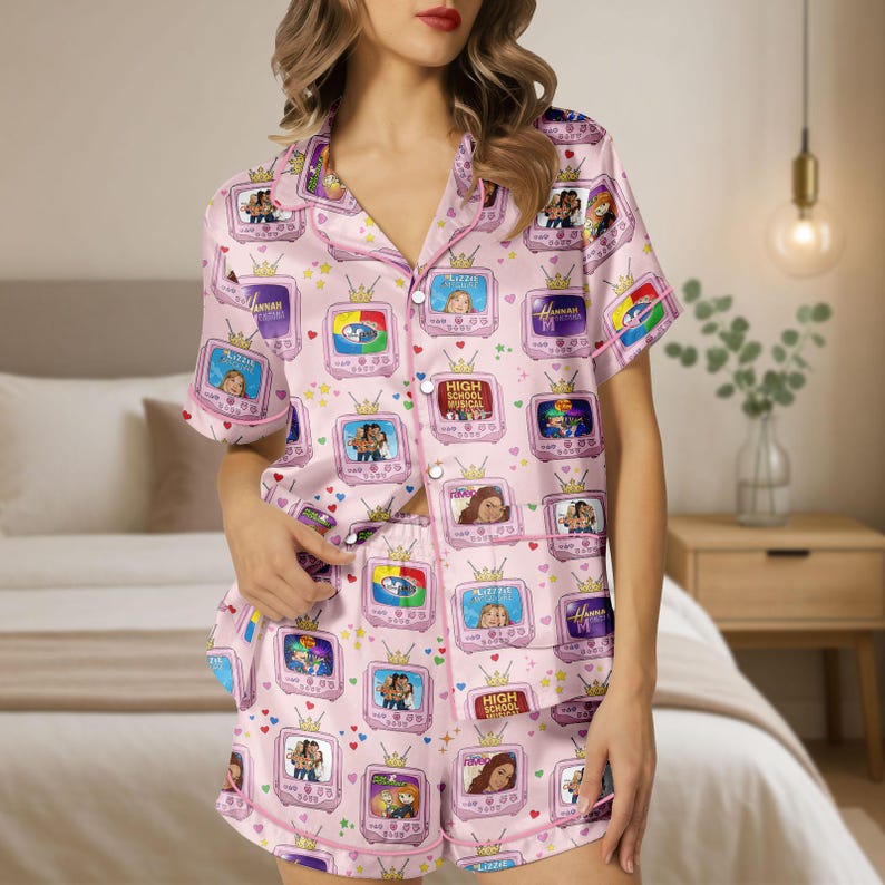 Disney Channel Retro TV Short Satin Pajama Set, Disney Hannah Montana Pajamas, Disneyland Family Trip Outfit, Magic Kingdom Sleepwear S
