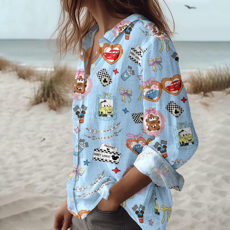 Lightning McQueen Casual Shirt, Coquette Bow Bracelet Cars Blouse Shirt, Tow Mater Women Blouses, Disney Girl Trip Long Sleeve Shirt