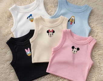 Geborduurde tanktop met Mickey Mouse-gezicht, geribbelde crop-top Disney Minnie, Disneyland vakantiereiscadeau 2026