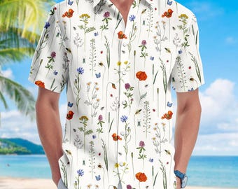 Retro Floral Hawaiian Shirt, Botanical Wildflower Button Up, Summer Beach Shirt for Men, Casual Vacation Shirt Gift