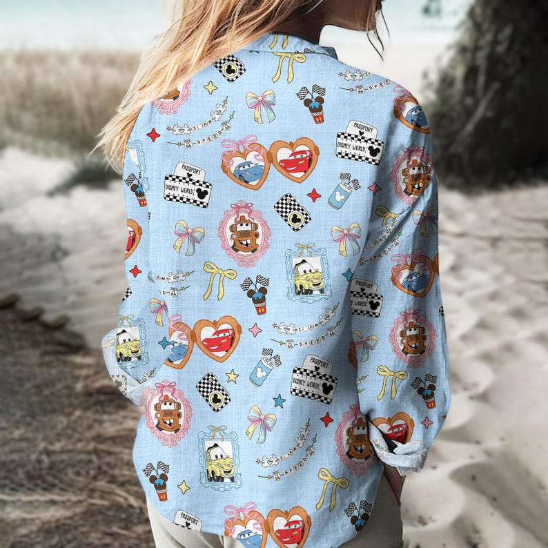 Lightning McQueen Casual Shirt, Coquette Bow Bracelet Cars Blouse Shirt, Tow Mater Women Blouses, Disney Girl Trip Long Sleeve Shirt