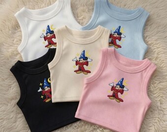 Embroidered Sorcerer Mickey Crop Tank Top, Disney Fantasia Ribbed Sleeveless Shirt, Cute Magic Kingdom Summer Outfit