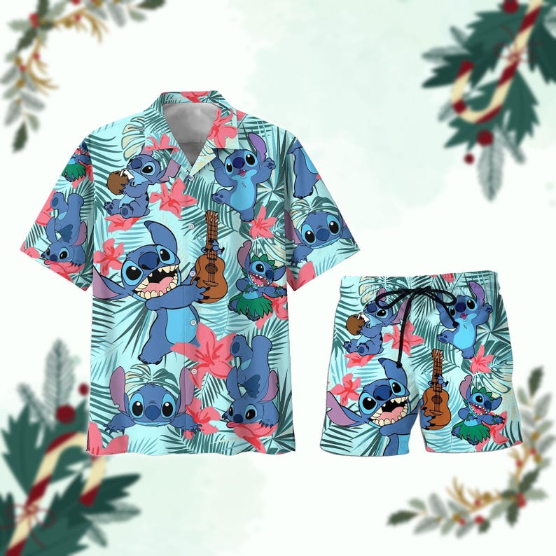 May include: A light blue Hawaiian shirt and matching shorts set. The set features a repeating pattern of the character Stitch, pink flowers, and green leaves. The shirt has a button-down front and short sleeves. The shorts have a drawstring waist.