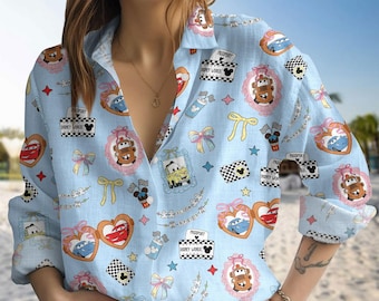 Lightning McQueen Casual Shirt, Coquette Bow Armband Cars Bluse Shirt, Tow Mater Frauen Blusen, Disney Girl Trip Langarm Shirt