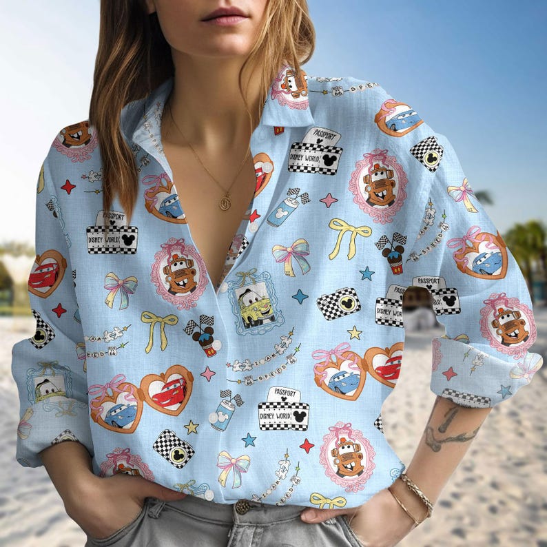 Lightning McQueen Casual Shirt, Coquette Bow Bracelet Cars Blouse Shirt, Tow Mater Women Blouses, Disney Girl Trip Long Sleeve Shirt