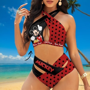 Mickey Polka Dot on Black Print Swimsuit, Disney Cartoon Two Piece Bikin, Women&#39;s Flattering Bathing Suit, Mickey Bathing Suit