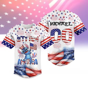 Maglia da baseball Disney Stitch America, maglia Stitch per le feste del 4 luglio, maglia da baseball Disney Cartoon America, maglia Lilo e Stitch