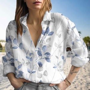 Blue Leaf Print Blouse Shirt, Botanical Leaf Linen Look Shirt, Minimalist Summer Casual Shirt, Nature Lover Gift, Elegant Gift for Her