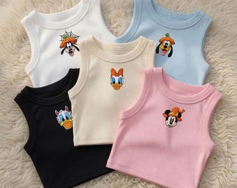 Disney Embroidered Crop Tank Top, Mickey Minnie Pluto Goofy Halloween Tank, Summer Sleeveless Top For Women