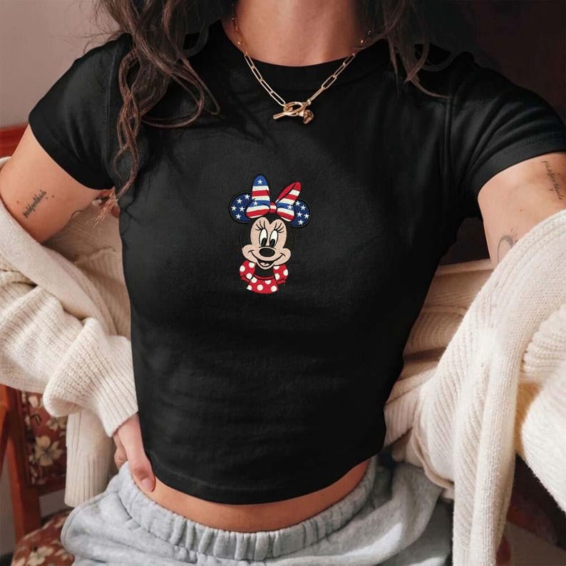 Patriotic Disney Minnie Embroidered Baby Tee, Usa Flag Minnie Mouse Embroidered Shirt, American 4th of July Crop Top, Semiquincentennia