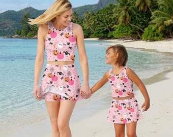 Ghost Pumpkin Halloween Activewear Set, Spooky Season Crop Top Skort Outfit, Trick Or Treat Matching Set for Mom and Kids