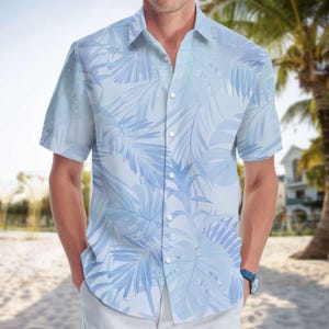 Tropical Leaf Button Shirt, Summer Vacation Hawaiian Shirt, Green Leafy Botanical Print T-Shirt, Men&#39;s each Boho Short Sleeve Shirt