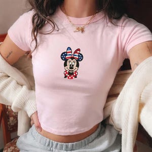Patriotic Disney Minnie Embroidered Baby Tee, Usa Flag Minnie Mouse Embroidered Shirt, American 4th of July Crop Top, Semiquincentennia