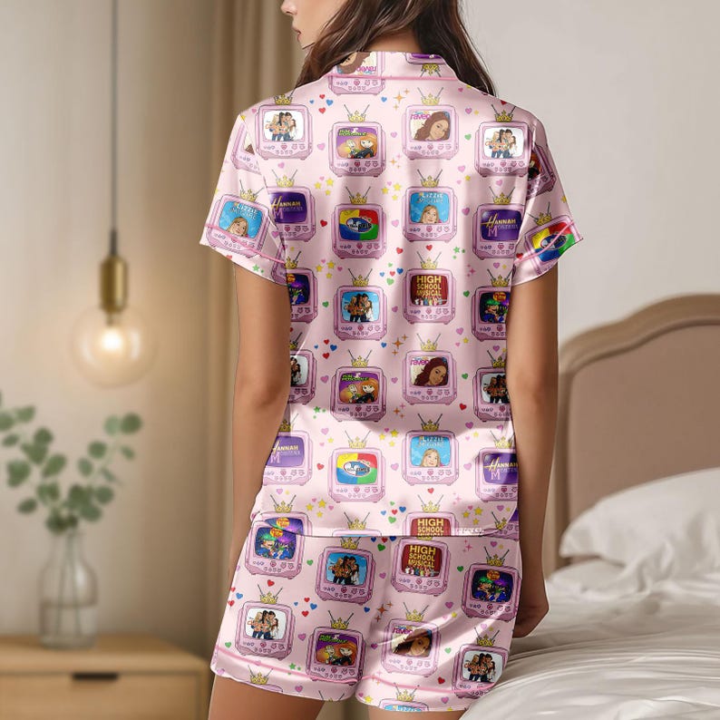 Disney Channel Retro TV Short Satin Pajama Set, Disney Hannah Montana Pajamas, Disneyland Family Trip Outfit, Magic Kingdom Sleepwear S