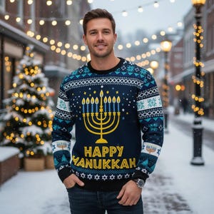 Hanukkah Ugly Christmas Sweater, Menorah Sweater, Holiday Xmas Gift For Men Women And Kids