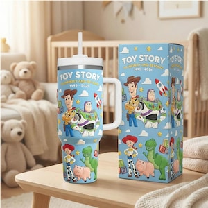 Toy Story Anniversary 40oz Tumbler with Handle, Woody and Buzz Lightyear Travel Cup, Disney Infinity and Beyond Gift For Fan