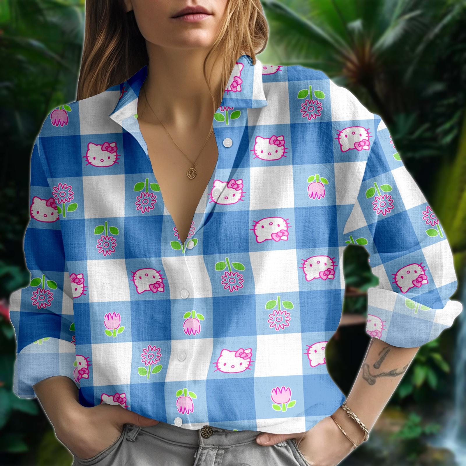 Discover Hello Kitty Tropical Blouse, Kawaii Cat Floral Casual Shirt for Women