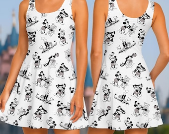 Mickey Mouse Vintage Steamboat Skater Dress, Disney Classic Mickey Pattern A-line Dress, Disneyland Family Vacation Sundress For Women