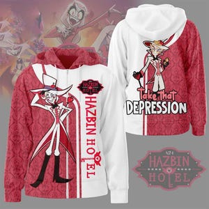 以下が含まれることがあります： 白と赤のHazbin Hotelのパーカー。漫画のキャラクターデザインが特徴です。パーカーの背面には「Take That Depression」、前面には「Hazbin Hotel」の文字がプリントされています。白いスーツと帽子をかぶったキャラクターのデザインです。
