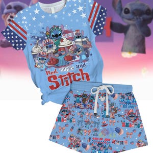 Disney Cartoon 4th July T-Shirt, Red White And Stitch Short Pajamas, Lilo and Stitch Summer Short, Stitch Patriotic Gift For Girl And Boy